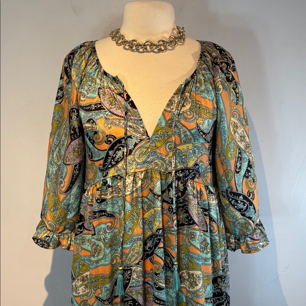 Lemonwood paisley print silk blend tiered maxi dress size S/M - Picture 3 of 15